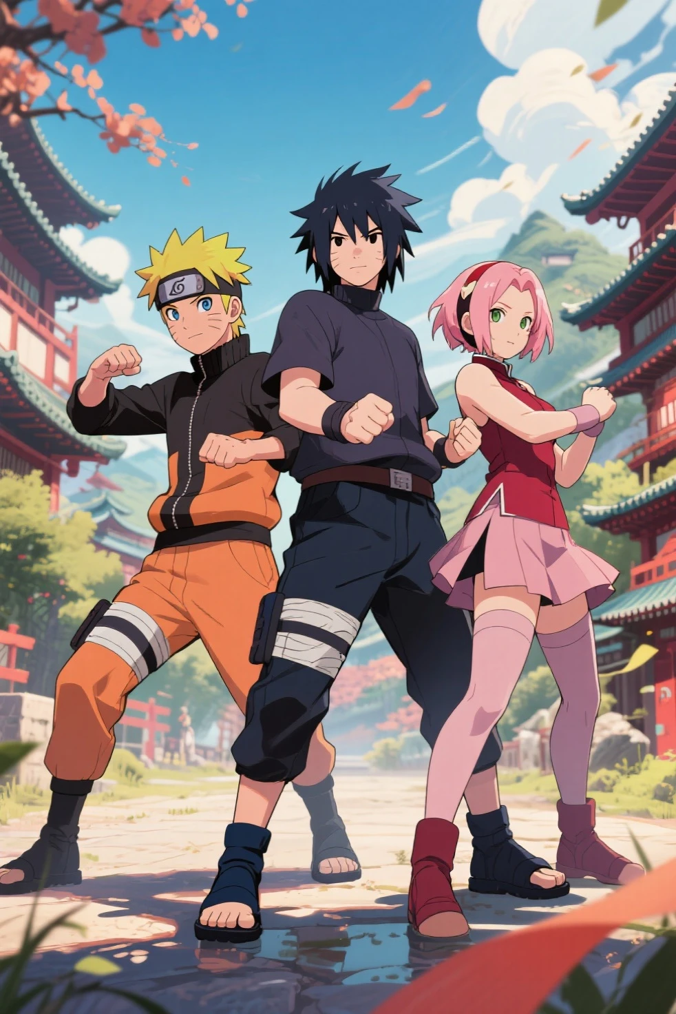 Anime theme, Naruto, Sasuke, Sakura, standing together, ready for action poses, Konoha background, ultra quality, ultra detailed, ultra resolution