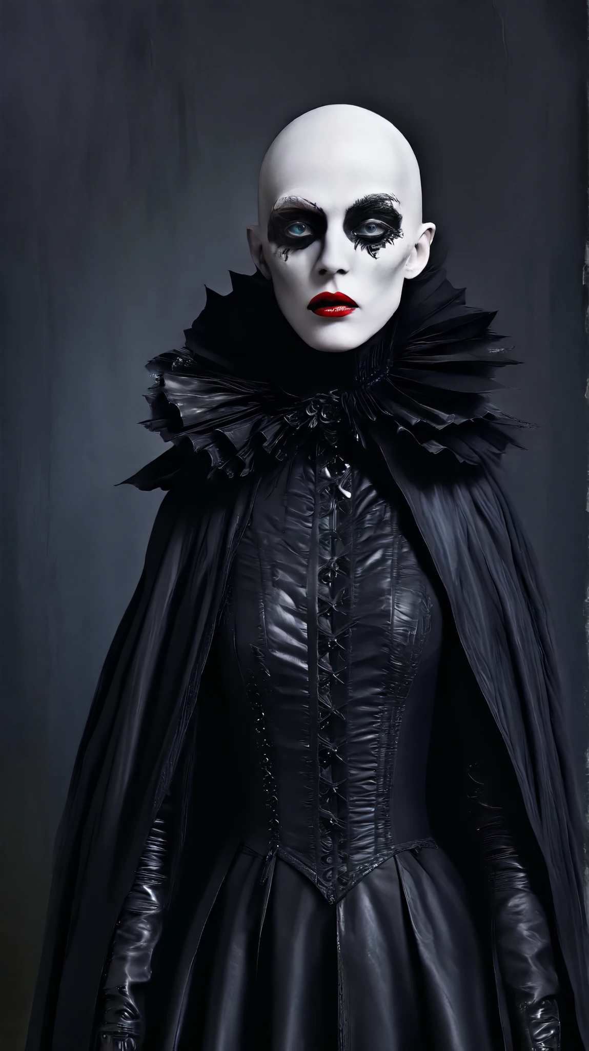 Tim Walker inspired, photography, trendy close up, leather fetish extreme sinister, whimsical settings, surreal elements, creative storytelling, vibrant colors, (detailed face:1.05), hyperrealistic, Photorealistic. Gothic
