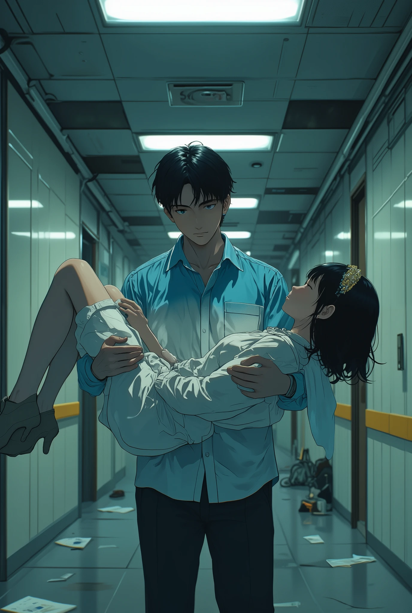 photo-realistic cinematic scene, a young Japanese man in a sky blue to white gradient shirt holds an unconscious idol girl in a bridal carry, her eyes closed and arms limp, dressed in a simple white blouse and skirt, he stands in a quiet hallway with fluorescent lights above, shadows stretch across the floor, papers and cables scattered nearby suggest a recent struggle, his expression is serious and focused, lips tightly pressed, as if vowing silently to uncover the truth, the atmosphere is tense, intimate, and emotionally charged, ultra detailed, masterpiece, best quality, aidmamj6.1