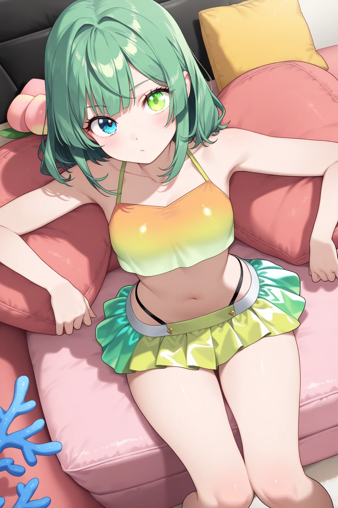 1 girl, cute, young, green hair, bob haircut, green eyes, swimsuit, thigh high, {{{{{{{{excessive cum}}}}}}}}, bukkake,