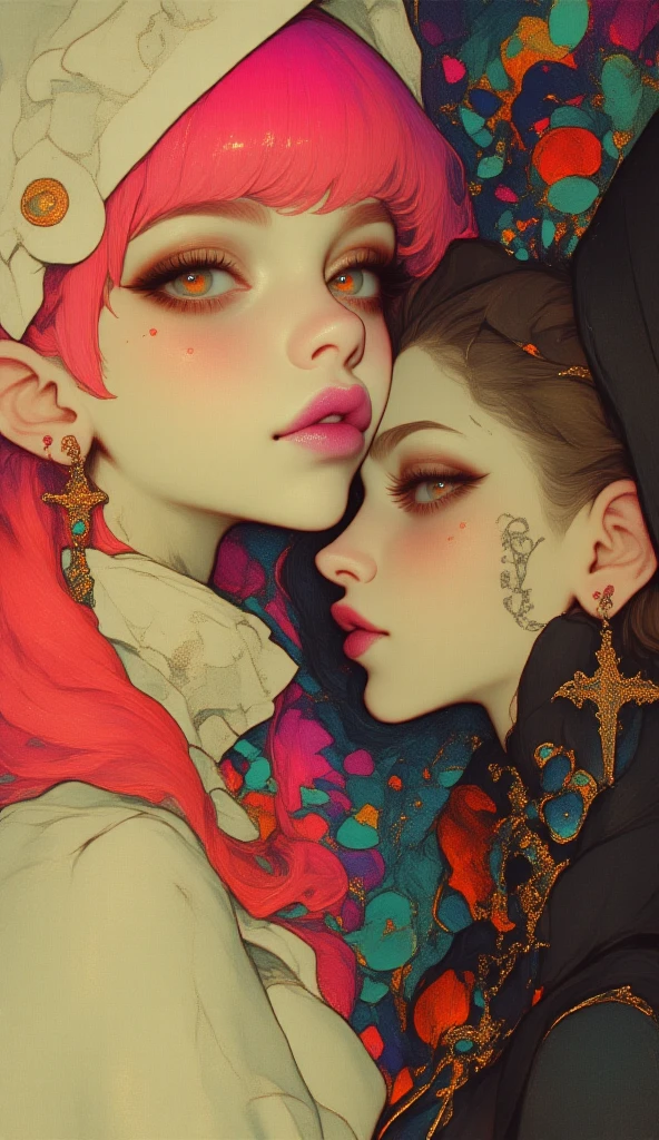 (masterpiece:1.4), most beautiful girl in the world, glossy lips, ultra detailed eyes, Absurdres, hdr, ultra detailed illustration, extremely detailed face, RAW photo, film grain, skin pores, trending on deviantart, Princess, (Beautiful and colorful animal pattern body paint:1.4), (2girls:1.1), (kiss:1.5), heart background