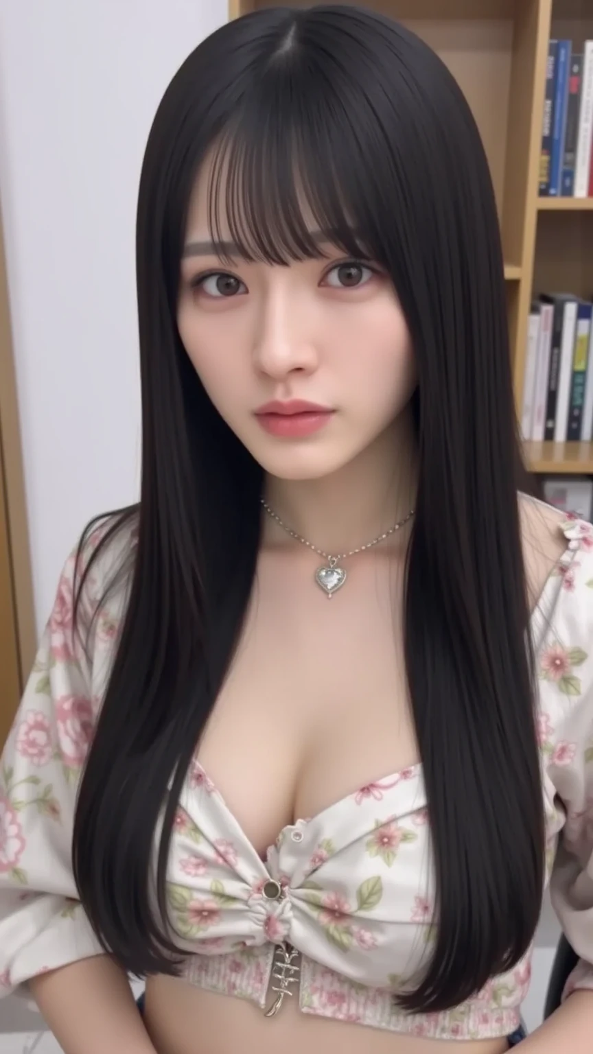 There is a woman posing for a photo in front of a bookshelf, leaked image, wearing intricate black choker, Profile image, xintong chen, 4 k post, 4k post, xision wu, inspired by Ni Yuanlu, jaeyeon nam, Inspired by Huang Ji, inspired by Yi Yuanji, inspired by Jeong Seon