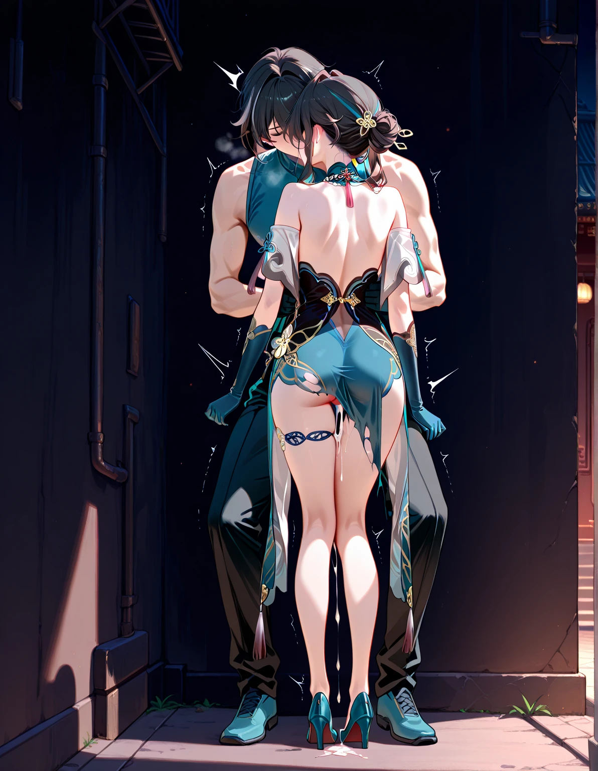 a tied up naked ager girl in black pigtails with an emo teen male guy squeezing her boobs, spaceship, space ship, futuristic