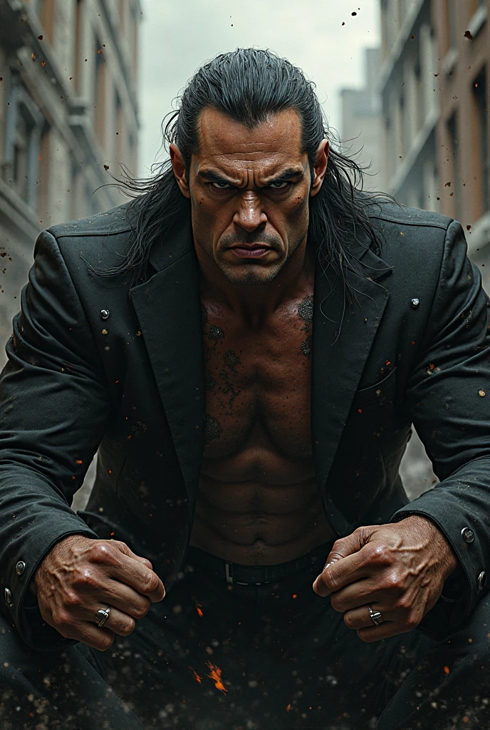 Anime, muscular black thug with demon horns, (The background is the dark night in the alley with some neon signs)