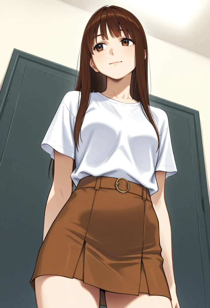 Indian girl, Peeing self, Have to pee, looking at camera, embarrassed, blush, pee stain, peeing, yellow pee, scared by her father,front of her father, out of breath, sweating, brown hair, black eyes, long hair,indian kurti