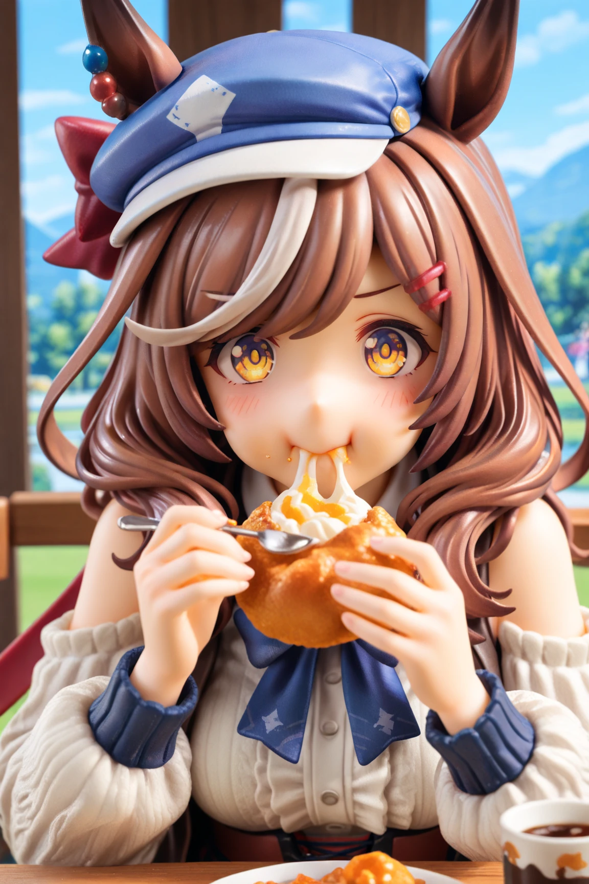 A girl looks at me, sailor suit, red ribbon, tan, black hair, ponytail, loose socks, looking sideways, looking up, surprised expression, masterpiece, detailed eyes, foundation, eye shadow, red lipstick, blushing cheeks, Island scenery, blurred background