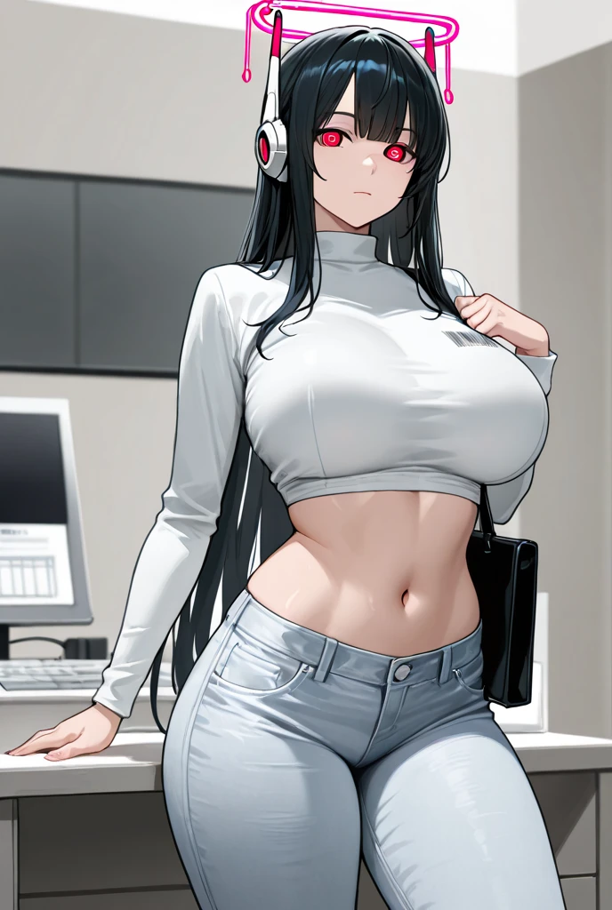 (Uhd, Masterpiece, Textured Skin, Super Detail, High Details, High Quality, Best Quality), Detailed Face, 1woman, mature pretty woman, Long black hair, (black crop top shirt), (black pants), (Huge Body:1.5, tall), sitting on a chair behind a office table, (Low-sized breasts), (Office room)