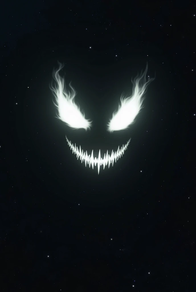 a pair of glowing red eyes formed from red stars, and  a pair of vampire fangs formed from white stars in the stary night sky, night sky full of stars 

