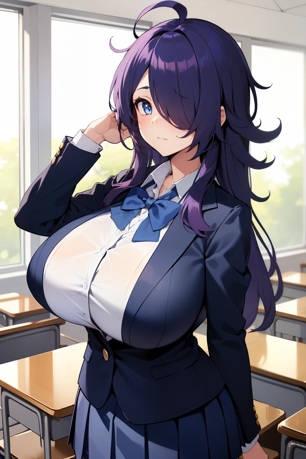 (guided breast grab,guiding hand,pov hands),upper body,close-up breasts,
(Glaring),blushing,shy,wavy mouth,
many students in the background,
masterpiece, best quality, ultra-detailed, dynamic lighting, 8K resolution, super detailed skin,
(Detailed eyes), detailed face, (fine hair detail), shiny hair, glistening skin,
solo,((navy Blue hair,medium hair,milf)),(curly hair),big hair,
hair between eyes,dark blown eyes,shiny hair, glistening skin,
gigantic breasts,sagging breasts,thick thighs,39 years old,
Squinting,(Tsurime),v-shaped eyebrows,
Closed suit,clothed,
((Wearing formal purple suit,purple Tight Skirt)),red tie,long sleeve,pantyhose
background office