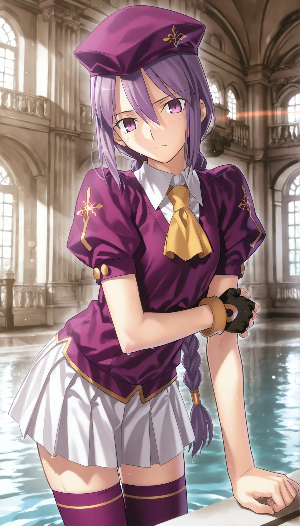 masterpiece, , absurdres, highres, detailed background, high resolution, masterpiece, necessary, detail, best quality, quality, necessary, details, High details, Precise, 8k indoors, (((mansion, water))), lens flare, blurry background, from side ,
1girl, Takeuchi Takashi (type-moon,tsukihime) style, takeuchi takashi style, (aged up), (curled fingers), leaning forward,
girl, (slender body, slim arms, slim bod), (Sion) Eltnum (Atlasia) ,sion eltnam atlasia,(fate), purple hair , purple eyes, half-closed eyes, tsurime, hair between eyes ,long bang, long hair , braided hair , braided ponytail , yellow ribbon , EltnumOutfit ,small breasts, light purple sweater ,puffy short sleeves, collared undershirt , white undershirt , undershirt , yellow ascot ,(short sleeve), ,white skirt ,miniskirt , gold trim ,purple thighhighs ,single glove ,fingerless glove, black glove ,dark purple beret, ,((head tilt)), looking at viewer,(small breasts), arm under breasts,