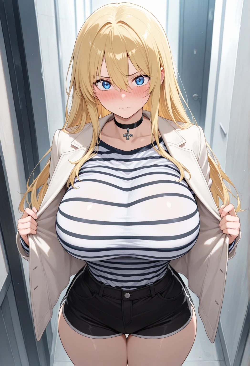 Expressive eyes, (((1 girl))), ((anime)), (Blonde, Long Hair,), (blue eyes), (Half closed eyes), ((Very large breasts)), ((Areola)), ((Cleavage)),(Exposed breasts), ((Exposed thighs)),((Nuns,See-through)),High Slit Skirt, ((Side bust,Underbust)), ((Blunt bangs)), ((Western-style building,corridor)), Captivating smile, Princess Cut, Shiny Hair,,(masterpiece), Anatomically correct art, Very detailed, Advanced Details, high quality, 最high quality, High resolution, 4K, 8k, No underwear