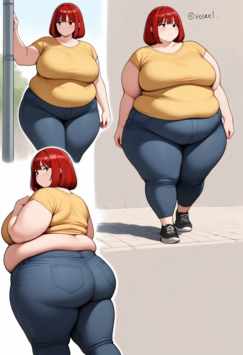 Your beautiful gorgeous sexy curvy tomboy girlfriend wearing a crop top and booty shorts,solo, blushing, grinning, accidentally cute pose, she knows you’re trying to make her fatter, she loves you, big heavy chubby belly, wide hips, massive round heavy breasts, massive wide round heart shaped shelf bubble butt, long disheveled red hair, beautiful blue eyes, small tight revealing clothes, shes turning into a giant human blueberry, blue skin,