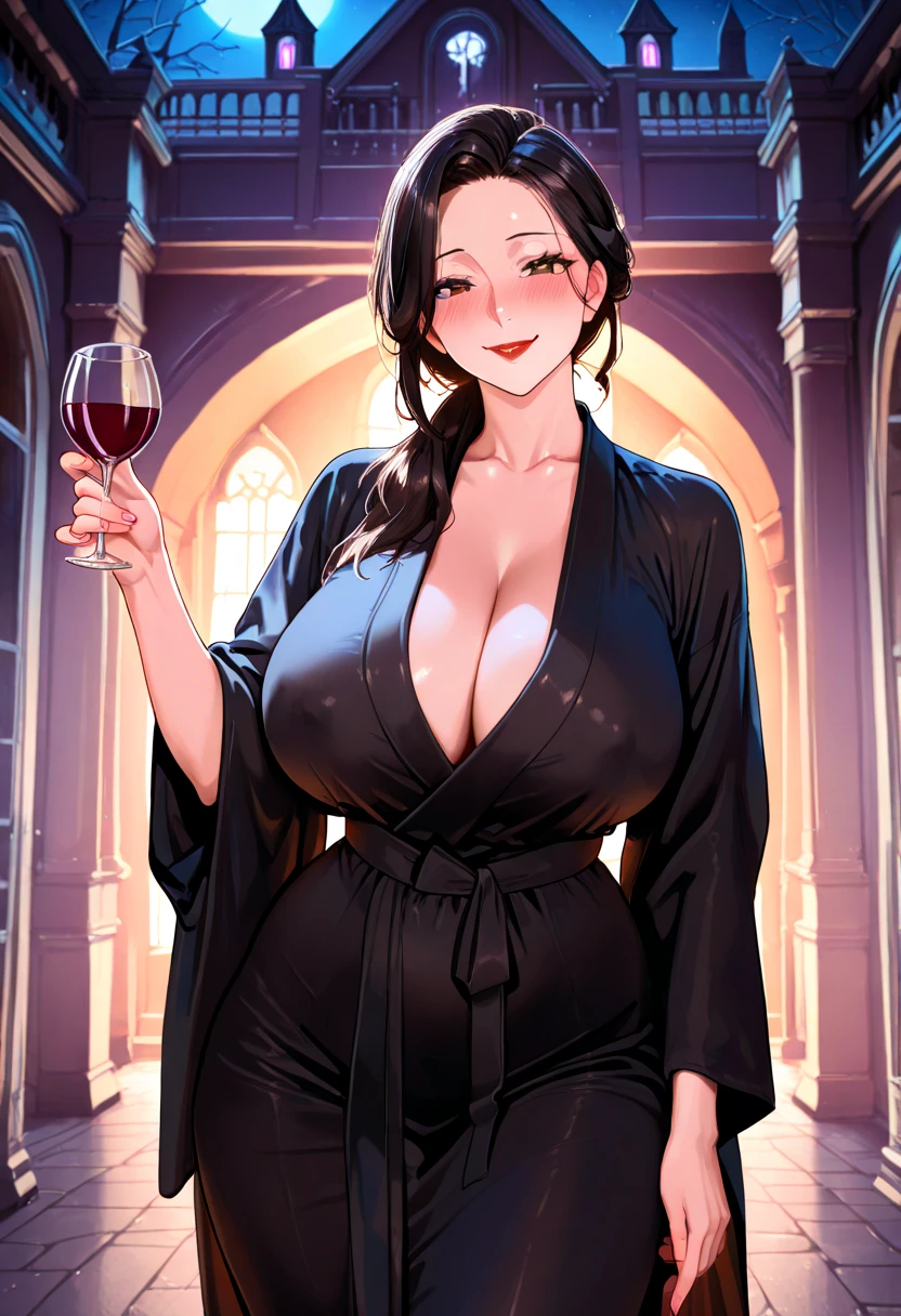long black hair, straight hair, perfect body, sexy woman, brothel worker, purple eyes, mature, 25 years old, inside a bar, elegant sexy dress, woman pouring wine, fantasy prostitute, pouring wine on tits, serving wine woman standing, small round table, seductive, dark room lighting, gold coins, medieval tavern, breast grab from behing, lustful, faceless man behind her wearing aristocrat clothes, hand grabing breast inside clothes, pressing crotch against her ass, slightly bending forward, pinching both nipples with fingers , loose hair, breasts out, pinching nipple hard hentai, orgasm face, 2 faceless men grabbing her ass and breasts, pupils looking at her back, pleasure, wine falling in between breasts, holding glass horizontally, faceless men gathering lookng lustful, in public