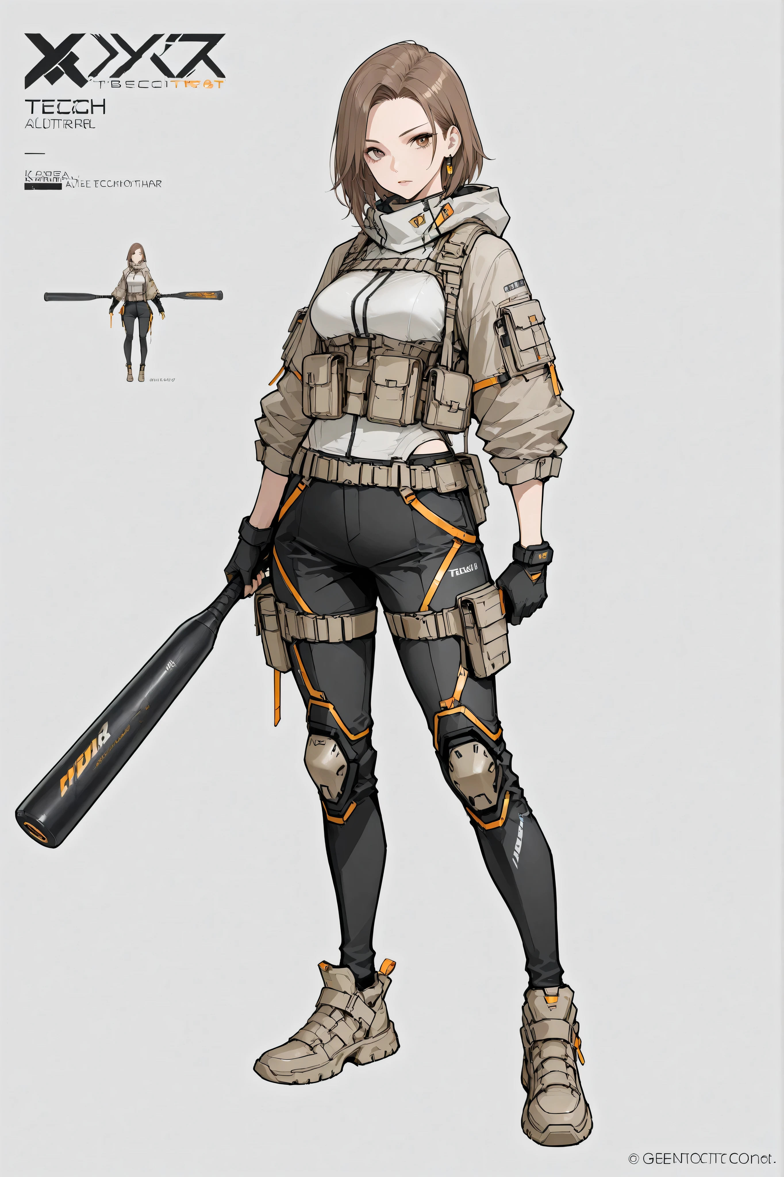 A beautiful brown-haired adult girl, wearing a futuristic-style techwear outfit, solid gray background color, full body, concept art, character design, wielding a long combat bat