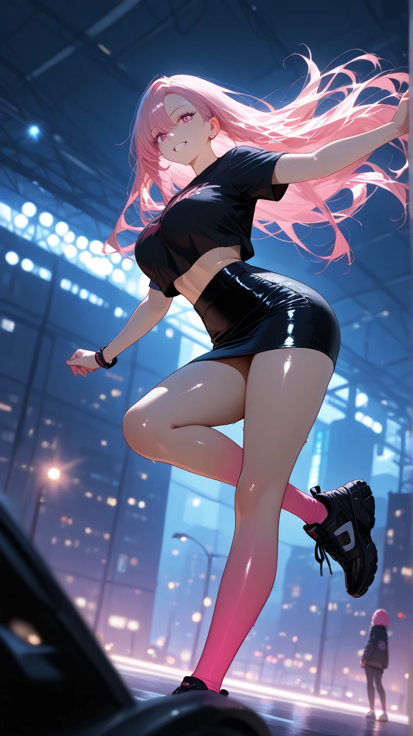 high resolution, Best Quality, Masterpiece, very high image quality, ultra detailed, Hyper realistic, 3D, cheered up, illustrations, Fancy, hard rock girl, very beautiful cute, pink wavy fur, side braid, mini skirt, socks, engineer boots, cyber punk city galaxy background  