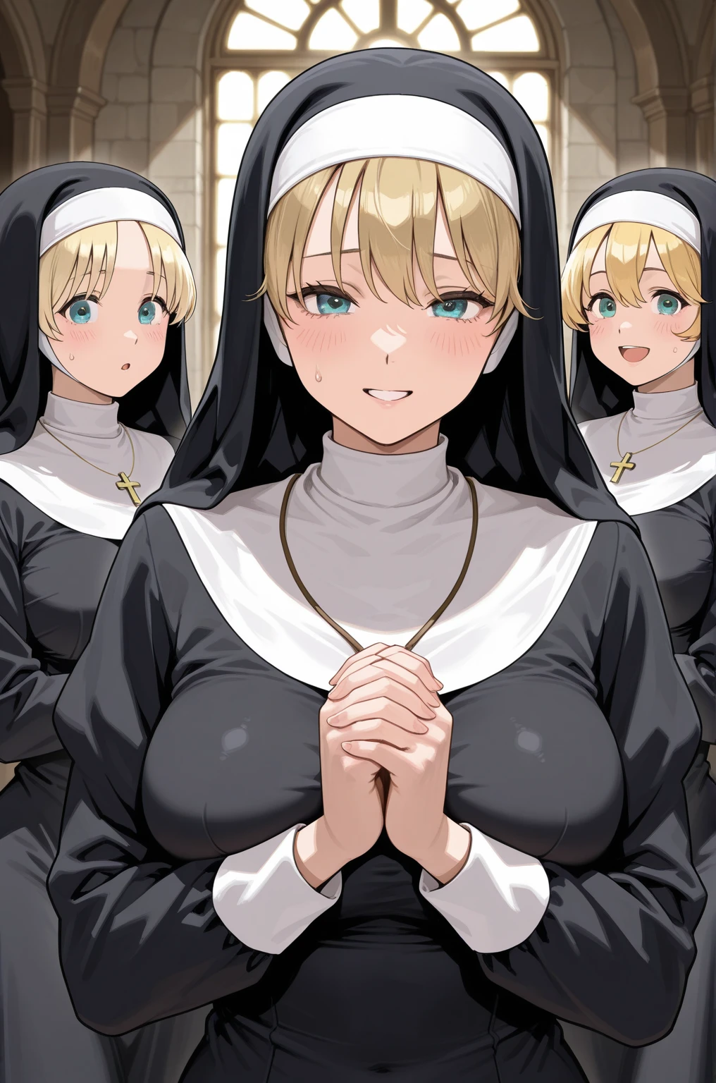 ((Perfect body,))((Super beautiful,))((High quality,)),(((Three girls))),((Perfect body,))((Super beautiful,))((High quality,))((monastic robes)),((nun costume)),gigantic breast,pov, Looking at Viewer,,beautiful girl glaring with a frustrated expression,Face and whole body wet with sweat and semen and glossy,She is sweaty and wet all over, breathing heavily, steaming,blond hair,toned body,collar,covered erectile nipples,church, mitre,((Praying pose with hands clasped together)),((Costumes that show little skin)),kneel and pray,elect penis pov,