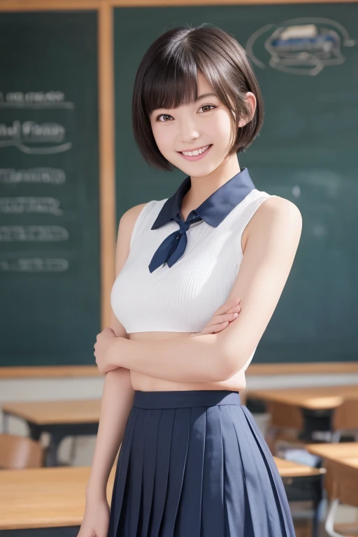 (Surreal Realism), (Awareness-raising), (High resolution), (8k), (Very detailed), (The best Awareness-raisingns), (Beautiful fine details), (highest quality), (Super detailed), (masterpiece), (wallpaper), (Detailed face), (Beautiful smile)、(Beautiful expression)、short hair、Bangs with earrings、Side bangs、solo、((Baby Face))、((topless))(((topless)))、 (((Mid-breasted)))、((Dark blue pleated skirt))(Black knee-high socks:1.2)、 (((Attractive body)))、Slender body、Seductive Pose:1.4、Looking into the camera、School classroom、((Place your hands on the desk))、((A look that captivates the audience:1.3))Spread your legs wide,Drooling,race,panties,Cleavage