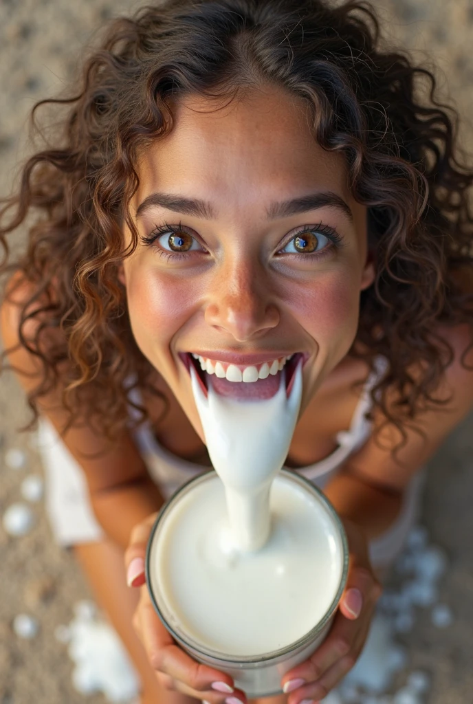 Sexy femboy sticking out her tongue full of milk