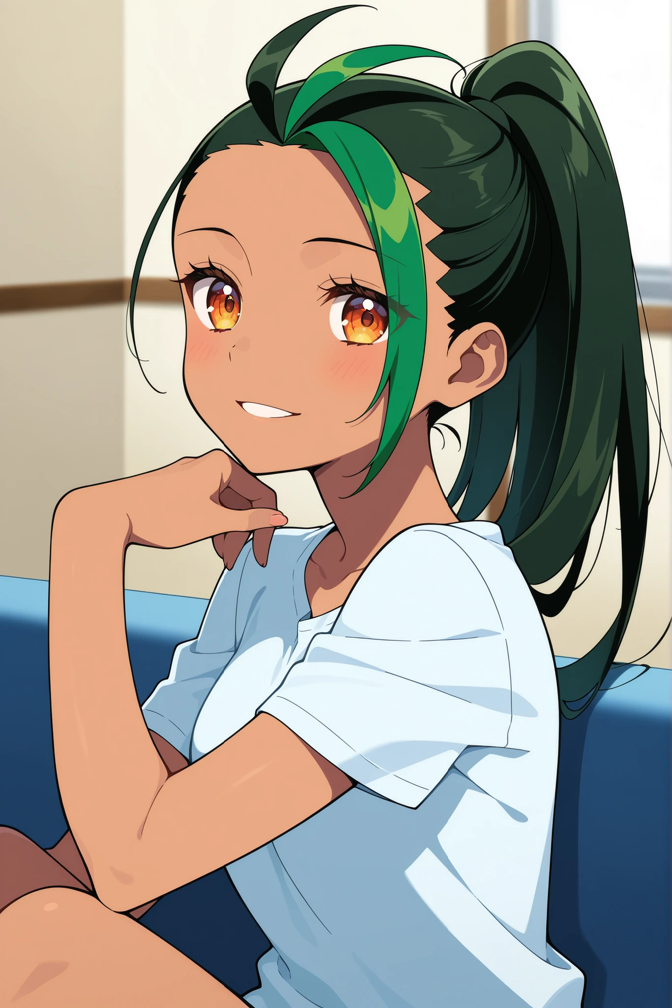 score_9,score_8_up,score_7_up,score_6_up,score_5_up,score_4_up,1girl, naokiamagake,Antenna, Parted to Side, Shoulder-length, Green Hair, Sports Uniform, looking at viewer, wink, anime screencap, indoors, day, school background