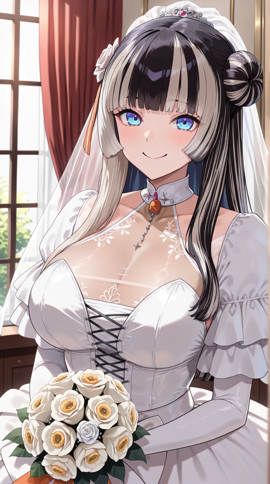 (wedding gown:1.2),(Long-haired linen:1.2),lexington (warship girls r), ((Masterpiece)), (((Best quality))), ((Ultra-detailed)), ((illustration)), ((Disheveled hair)), ((frilld)), (1 girl), (Solo), anthropomorphization , knee bend, Blonde hair , Blue eyes, blueflower , Blue rose, Blush, Braid , Breasts , choker necklace, cleavage , Clothing, dress, Female, Female only, mitts, hair flower, hair adornments, Large breasts , Lingerie , Long hair , Rose, hair tying , Very long hair, White dress ,Upper body