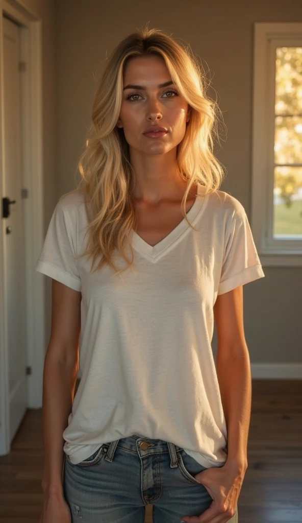 "A detailed full body image of a young woman with wavy light blonde hair, standing at home, dressed casually in a very loose long white t-shirt that looks like a dress. Blue eyes and a challenging look. He is short in stature, with a curvy figure that includes prominent buttocks and medium, round breasts. She is standing next to a window with natural light that gently highlights her figure.."