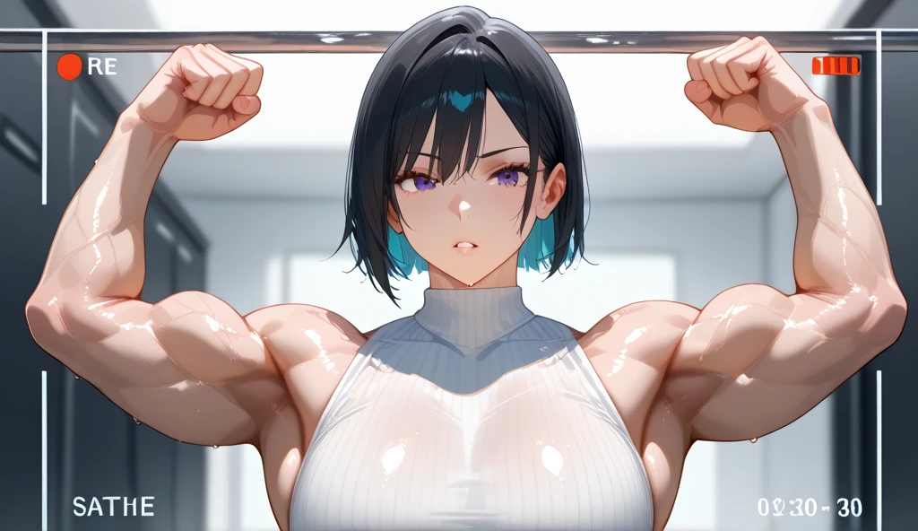 masterpiece, absurdres , (intricate details), (colorful),cinematic lighting,bust shot,extremely detailed CG unity 8k wallpaper ,hinata\(Boruto\), 1girl, solo,mature female, Slim body fat type/skinny. arm up, looking at viewer, sports bra, sports dolphin shorts. Gym Background, Locker room,cowboy shot, athletic Abs detailed, biceps triceps pumped up, body sweat glow, Attractive Curvy Body.