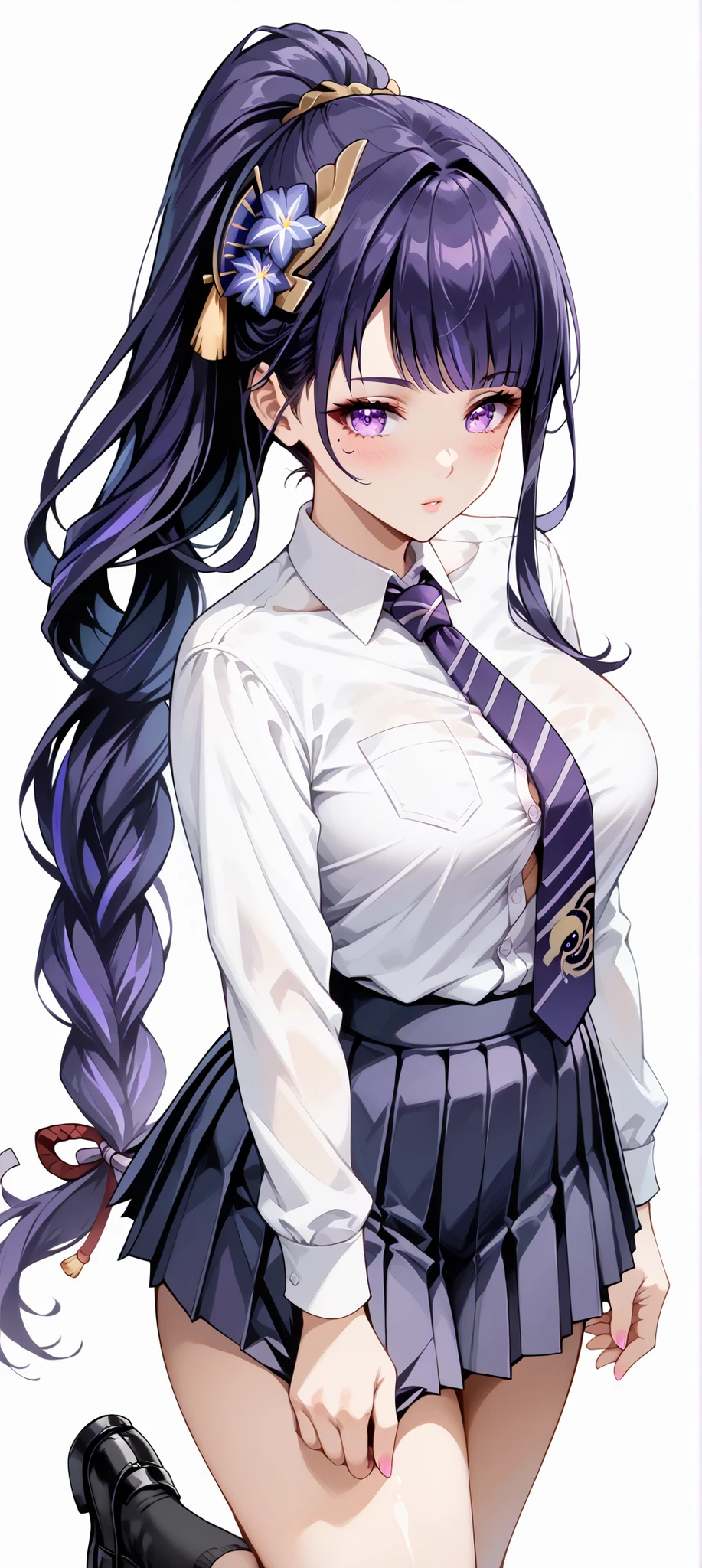 score_9, score_8_up, score_7_up, source_anime, 4K,perfect fingers,(perfect hands, perfect anatomy),prefect lighting, very aesthetic, intricate details,highly detailed background, masterpiece, high quality, best quality,
raidenshogun, raiden shogun, ((ponytail hair:1.5)), hair flower, hair ornament, long hair, mole, mole under eye, purple eyes, purple flower, purple hair, large breasts,,
wearing ((school uniform, tie, black socks, black shoes, short pleated skirt, button-up top, )),,
((White plain background:1.5)) ,((sexy curvy body)), POV, close shot,