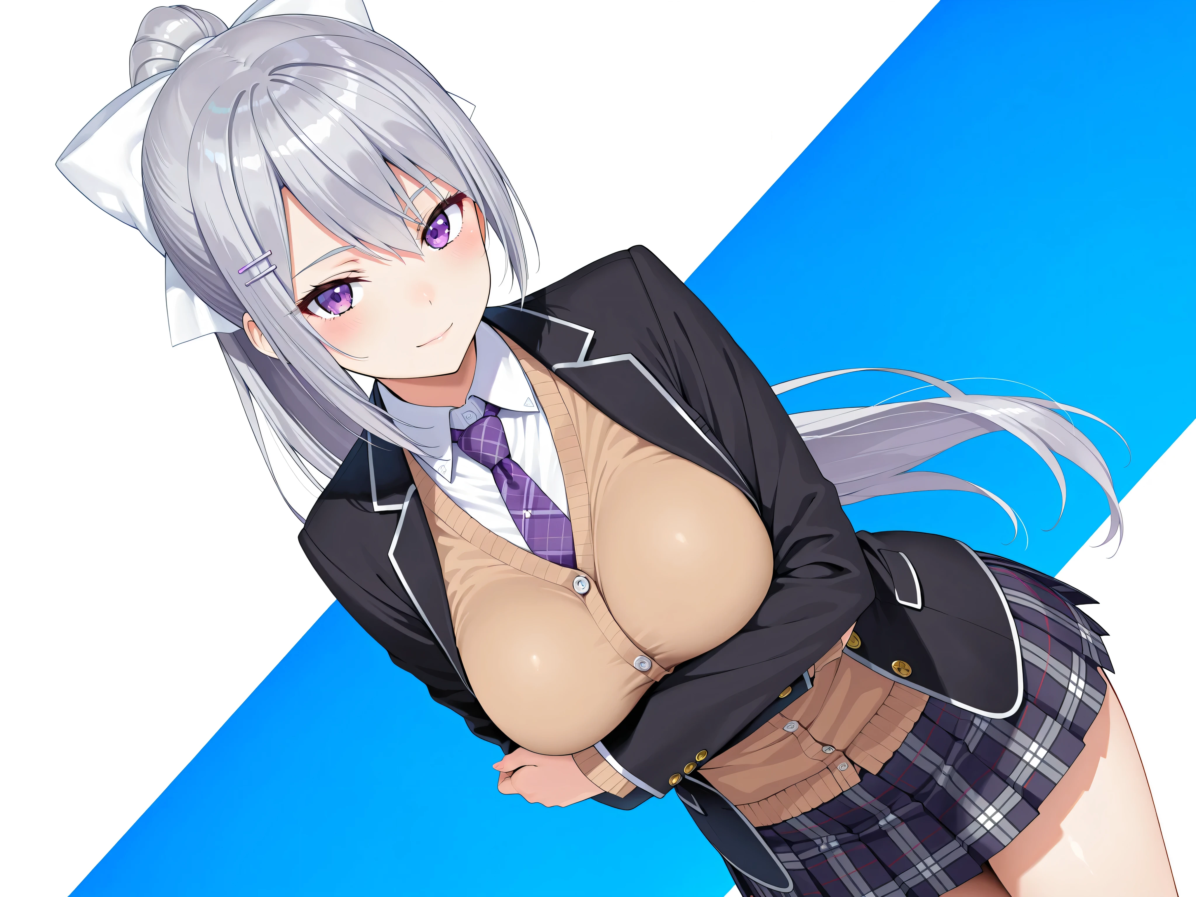 solo,masterpiece,best quality, amazing quality, highres, absurdres, very aesthetic, high resolution, ultra detailed, perfect details,nijikaede,purple eye,grey hair,long eyelashes,long hair,ponytail,white bow,hair pin,nijikaedecos,white shirt,purple necktie,plaid necktie,brown cardigan,button cardigan,blazer jacket,black jacket,open jacket,miniskirt,pleated skirt,plaid skirt,light smile、tsurime,medium breasts,look at viewer,anime screencap,mature female,breast hold,
