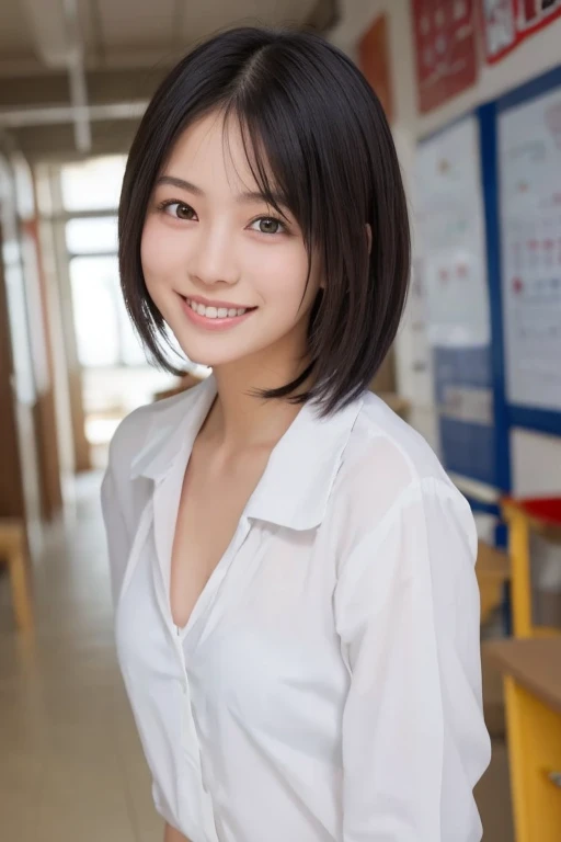 (masterpiece:1.3),(8k, Realistic, RAW Photos, Best image quality: 1.4), , (1 girl,alone), Beautiful Face, (A vivid face、Young Face), (Black-haired, bangs), Short Hairstyles, {Realistic eyes:1.2, Beautiful and beautiful eyes, Puffy eyelids、Thin eyes,{Tear bags}},(Realistic Skin), Beautiful Skin, , Ultra-high resolution, Attention to detail, Golden Ratio, ,highest quality、masterpiece、Ultra-high resolution、(Realistic:1.4)、expensively detailed and professionally lit、sunlight、((transparent,Cute school girl:1.2,expensive 、Collared shirt))、(skirt)、(((,the body is slim:1.2、thin:1.5)))、thin、(smile:1.5、、17 years old:1.5),(((School classroom)))、(((Sitting:1.2,Spread your legs,thin)))、{Portraiture:1.2}