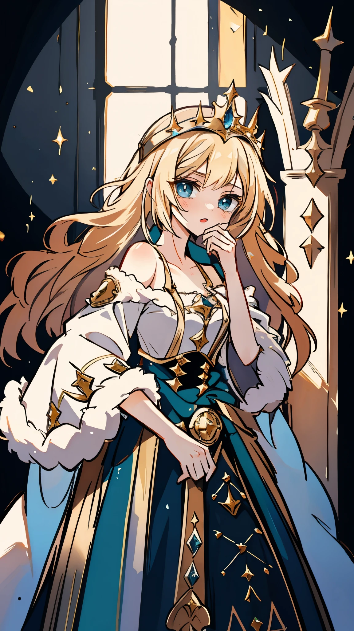 A girl with long golden hair, choppy bangs, Nordic heritage, a petite figure, delicate facial features, pale skin, porcelain skin, an innocent yet determined gaze, she wears an exquisite headband, dressed in a fantasy-style Slavic royal dress, a fur shawl draped over her shoulders, wide sleeves, a luxurious layered skirt, the background features a fantasy-style royal castle, this character embodies a finely crafted fantasy-style Slavic princess in anime style, exquisite and mature painterly style style, cyancapsule, vibrant colors, western artstyle, rpgroyalty, high definition, best quality, highres, ultra-detailed, ultra-fine painting, extremely delicate, professional, anatomically correct, symmetrical face, extremely detailed eyes and face, high quality eyes, creativity, RAW photo, UHD, 32k, Natural light, cinematic lighting, masterpiece-anatomy-perfect, masterpiece:1.5