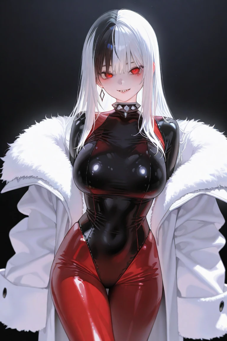 a fair-skinned woman of slender build. She has long black untamed hair reaching her upper back, and very unique eyes that are red in colour, with an additional ring in them. She wears make-up consisting of red lipstick and purple eye shadow. Her regular outfit consists of a red mesh armour blouse with only the right sleeve visible. Overall, this is very broad material which resembles bandages with a pattern on it similar to those of rose thorns. Her hands and upper thighs are also wrapped in bandages. Position: laid on back, spreading legs showing pussy