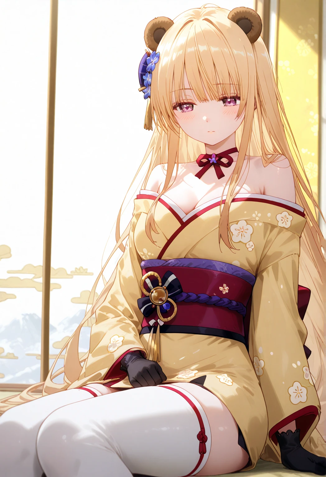 the anime、1girl、solo、Blonde girl with red eyes、off-the-shoulder、kyoto、White kimono