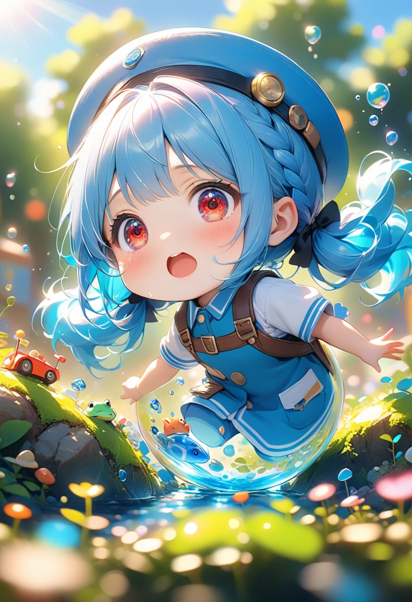 Highest quality、High resolution、Detailed Background、Beautiful face in every detail、Anatomically correct、Detailed facial expressions、fine grain、Movie Posters, Armored Tank, Explosions are rising、((full body, from below:1.2, side shot, looking away:1.2)), break ((One Girl:1.2)、((Chibi Girl:1.2)))、Bright pretty hair color、Big beautiful blue eyes、Fuller lips、Pink Lips、Braided twintails、Ahoge、(Tank commander)、(Cute military uniform、cute leather shoes)、break ((Wash the tank:1.2)、Stretching and placing both arms above the head:1.2、I have a rag in my hand.)、((Background is the base yard、Soap bubbles fly、Intense sunlight))、(The frog is jumping:1.2)、