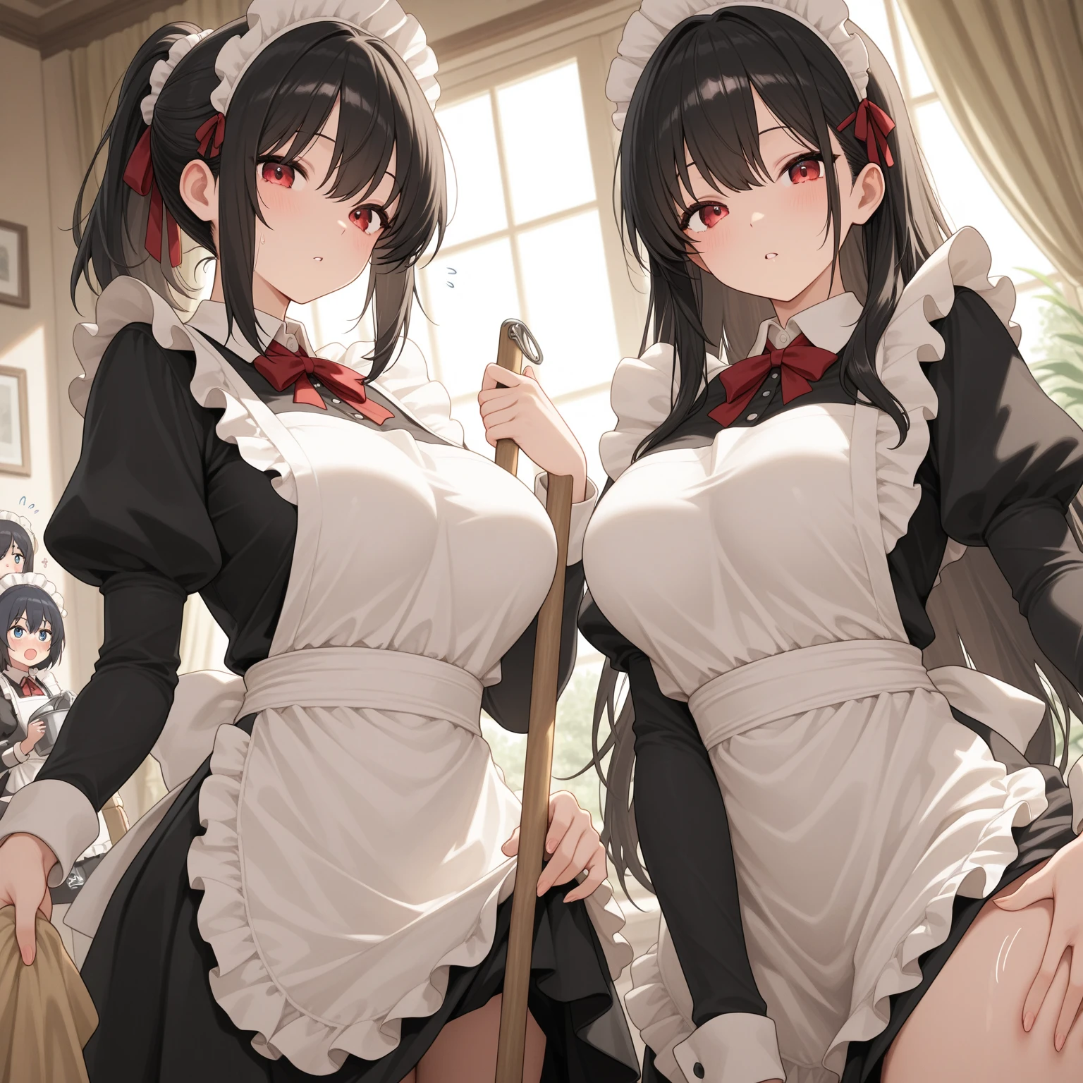 (((Pixel Perfect, Perfect in every detail,nsfw,,clothes lift,large breasts,light smile,dpubic hair,1 girl,black thigh-high socks))), alone, One girl, ((Ruka Sarashina)), Blue Ribbon, big , (French maid), View your viewers, In the room, sitting
