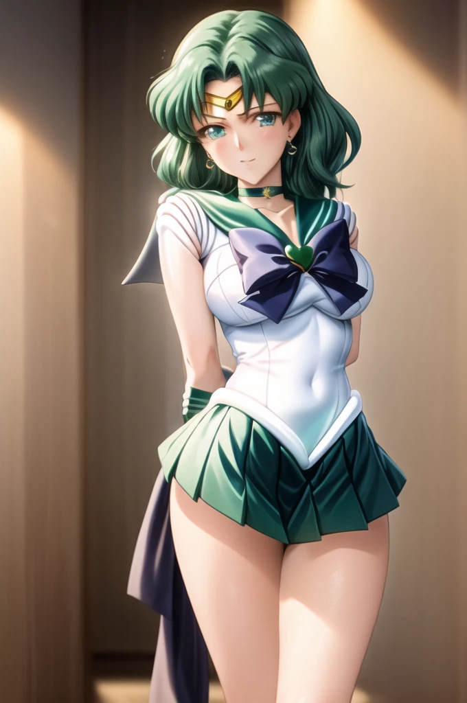 Sailor Neptune, 1 girl, green hair, short hair, blue eyes, detailed eyes, simple background, female focus, alone, standing, Michiru Kaio, portrait, full body, (Masterpiece:1.0), (best quality:1.0), (wallpaper 8k:1.0), (beautiful face detailed:1.0), (deep detailed eyes), deep eyes, looking at viewer, pink bra, white gloves, large breasts, bare abdomen, pink panties, swimming pool in the background,