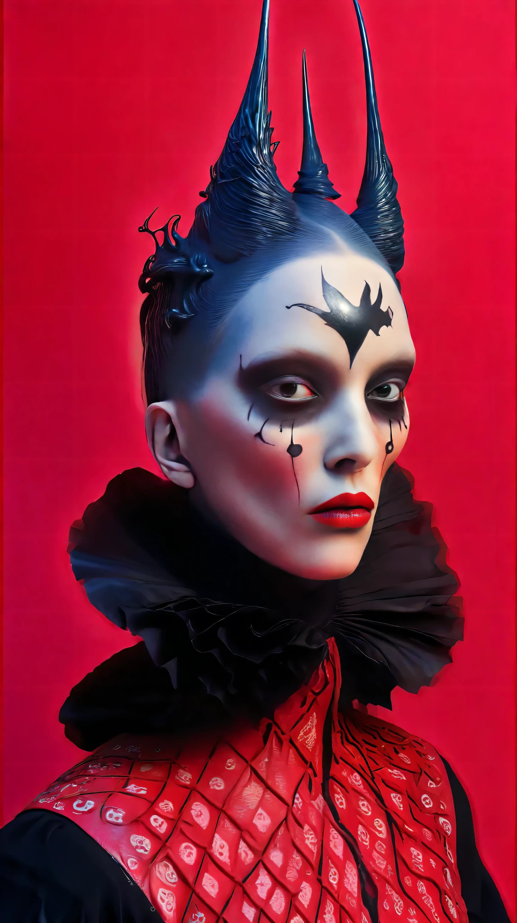 Tim Walker inspired, photography, trendy close up, Ultra-red background, leather fetish extreme sinister, whimsical settings, surreal elements, creative storytelling, vibrant colors, (detailed face:1.05), hyperrealistic, Photorealistic. Gothic