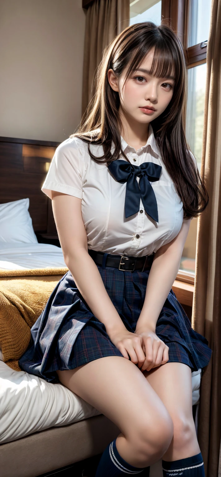 (8K, RAW Photos, Highest quality, masterpiece:1.2), (professional photography, full colors, studio-caliber color grading), (Gravure quality for high-end fashion magazines), BREAK,18 year old girl, (boyish:1.15), (mannish:1.1), Big Natural Color Lip, Plumpy body, (smooth skin:1.1), (huge breasts:1.0), BREAK (school uniform:1.2), ((loose style, tucked out tops):1.2), (fusion of oversized white tunic and white collared-shirt with untucked:1.4), (short sleeve:1.3), (button-up:1.4), (black and gray plaid pattern pleated mini skirt:1.2), (thigh skin:1.4), (socks:1.2), (loafers:1.1), BREAK hotel room