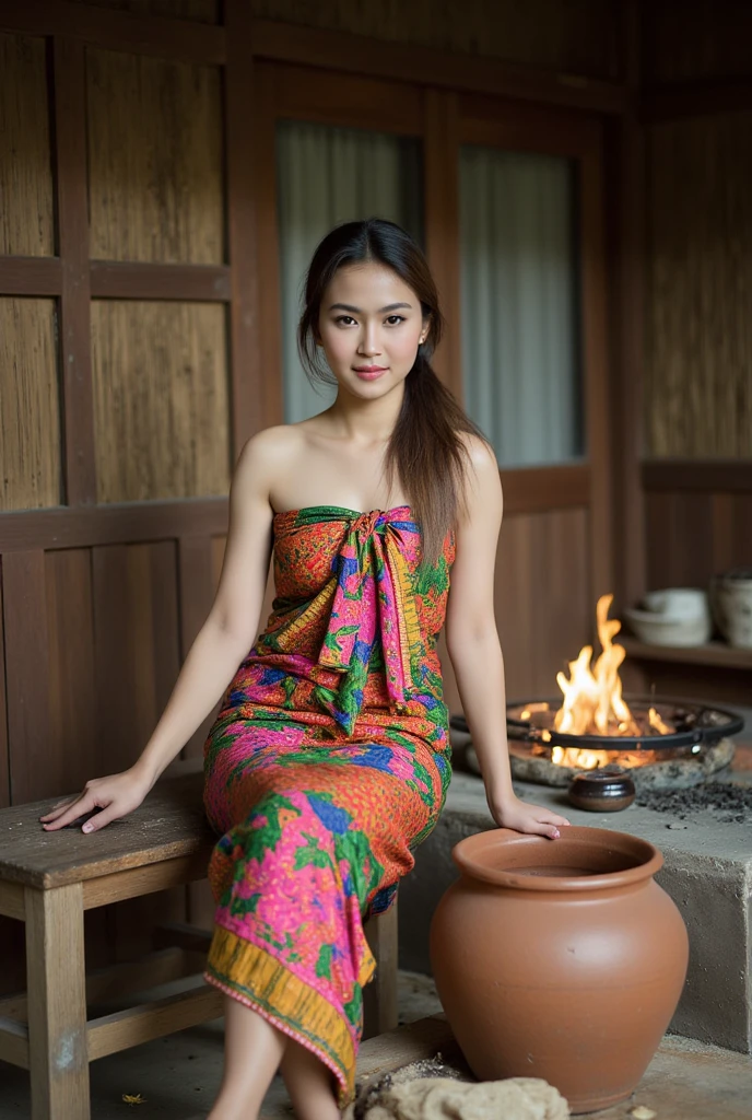 An ethereal Indonesian goddess, sitting on wooden floor, next to the small pond with some lotus, golden fish inside the pond, her skin bright glowing with a warm, golden hue, traditional green silky clothes draped elegantly around her, balinese house architecture as background, partially made from bamboo, epic lighting, medium to close up shot