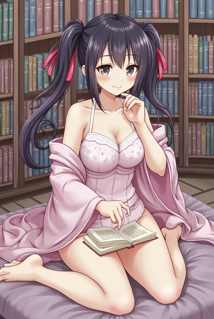 table top, highest quality, Highly detailed CG Unity 8K wallpaper, sexy witch , long dark blonde wavy hair、off shoulder knit, dark blue pleated skirt, medium milk, saggy breasts, cleavage, blush, shy smile, bare shoulders, (Pink floral panties、、Pink floral bra、show panties、open your legs)high heels、nice magic book、Castle Church、sexy pose、Sit on the floor、side boob、