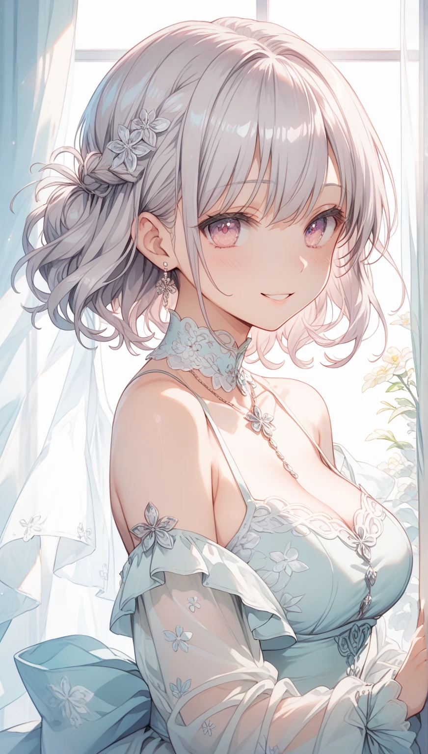 ((((masterpiece, best quality, high resolution)))), 1girl, white hair, purple eyes, short wavy hair, bob cut, (large breasts: 1.2), blush, light smile, parted lips, glow, thighs, bare shoulders, collarbone, narrow waist, cleavage, (beautiful detailed face, beautiful detailed eyes), long slender thighs, perfect eyes, looking at the viewer, seductive looks, seductive pose, standing on the door, arms behind back, night time, satin nightgown, see through, translucent,