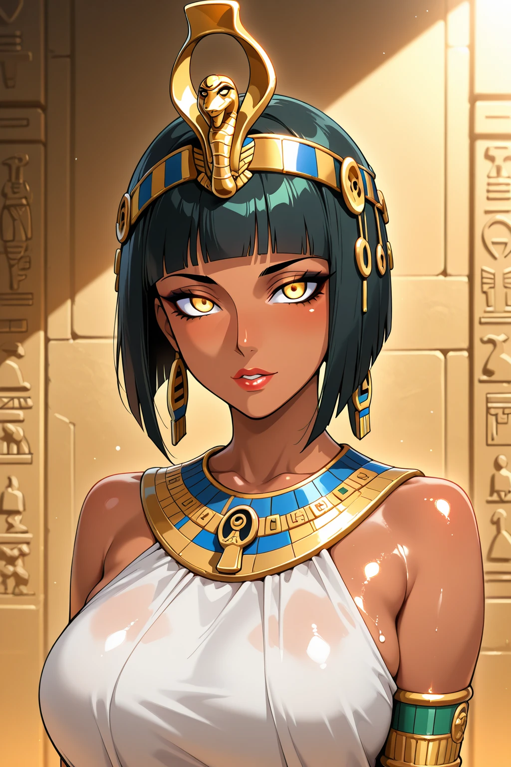 masterpiece, best quality, 1female, beautiful, face portrait, makeup, perfect fringe, straight hair, short hair, black hair, Egyptian queen, light dark skin, hazel eyes, colorful makeup, cleopatra, sexy