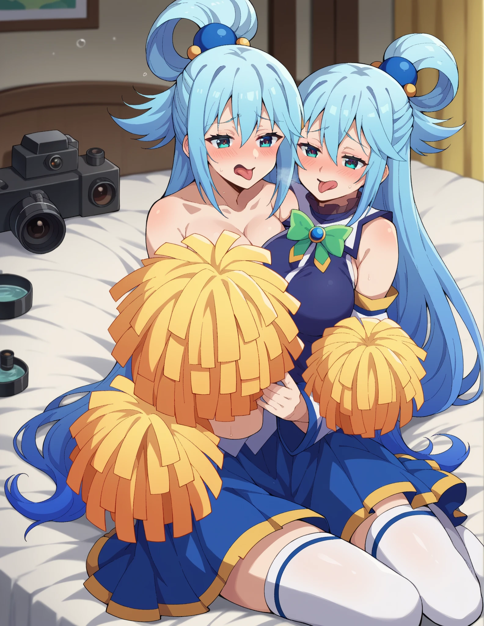 aqua from the anime konosuba using a cell phone sitting on a sofa