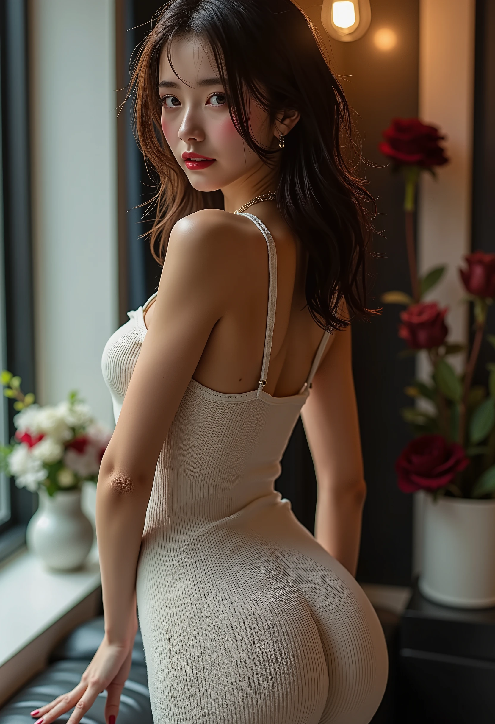 In 8K,office、Photo Real (1 Cute Korean Idol ) Put your arms behind your back、Long hair tied low, light makeup, Big Breasts、Cleavage、Big Breasts、Full Body Shot、Beautiful feet、Wide Hips、19 years old 、View your viewers、(Super Beauty:1.5)、(Detailed face)、Adult face、barefoot、(Cleavage、Cleavageがある、Chest is open、Thighs Thighs Thighs Thighs、Tokkuri Sweater、View your viewers、Close-up、Esbian all over、Bad Eyey hands are tied behind my back。She is standing