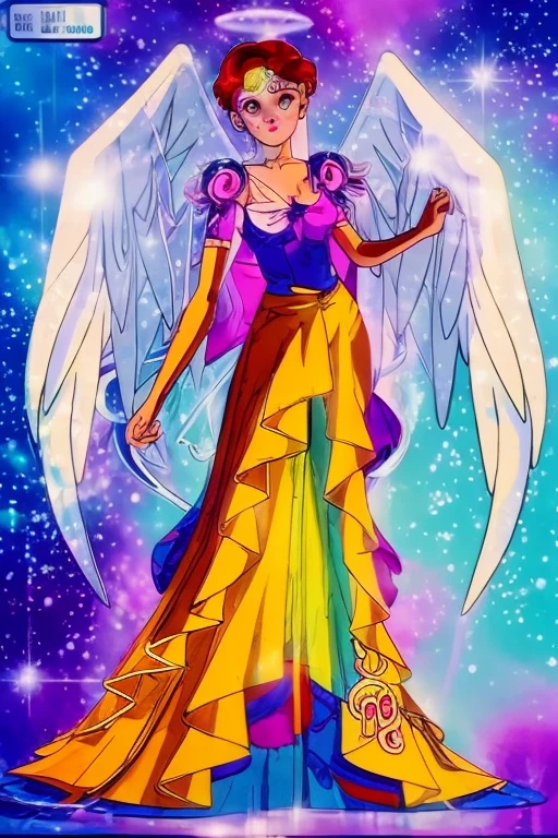 masterpiece,Best Quality), Beautiful female angel, (Dress in the style of ancient Greece),( Big Wings, Angel Halo),(Small breasts) , Short Wavy Hair, Black Hair, Micro Curl Bangs, Beautiful Face, Big beautiful eyes, A kind smile, Perfect slim standard beauty body, Under the stars,Full body photo, Bright colors