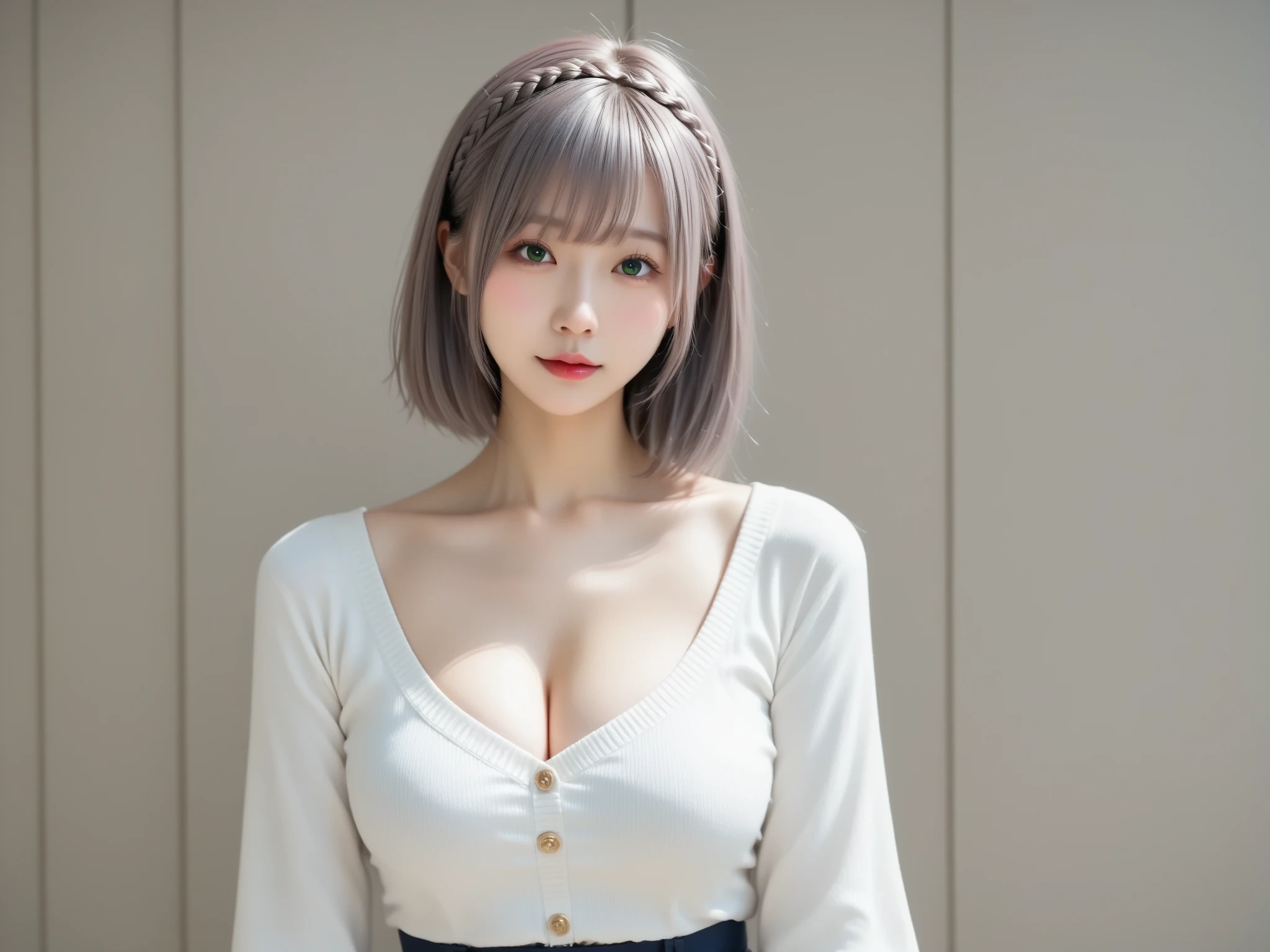 Gorgeus Girl, Beautiful, , 20 Years Old, White Skin, Colossal Breasts, Side Pose, Cleavage, Outfit Straps, White Sleeveless Crop Turtleneck Top, Mini Shirt, Blue Eye, Muscles, Bokeh, Modern Place Background, Masterpiece, Medium Bob Pink Hair