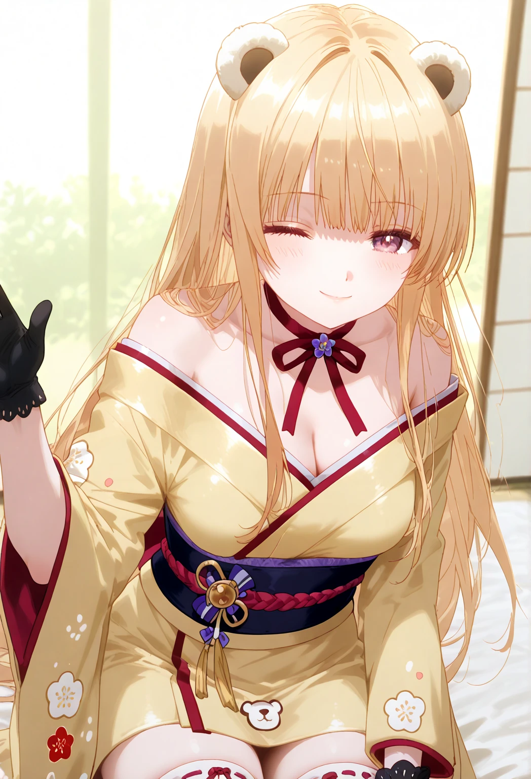 ((Highest quality)), ((masterpiece)), (detailed), (Perfect Face)、The woman is a Tier, with green eyes, medium-long blonde hair, a Japanese wedding dress called a Shiromuku, a cotton hat, a Japanese-style wedding ceremony, and an engagement ring.