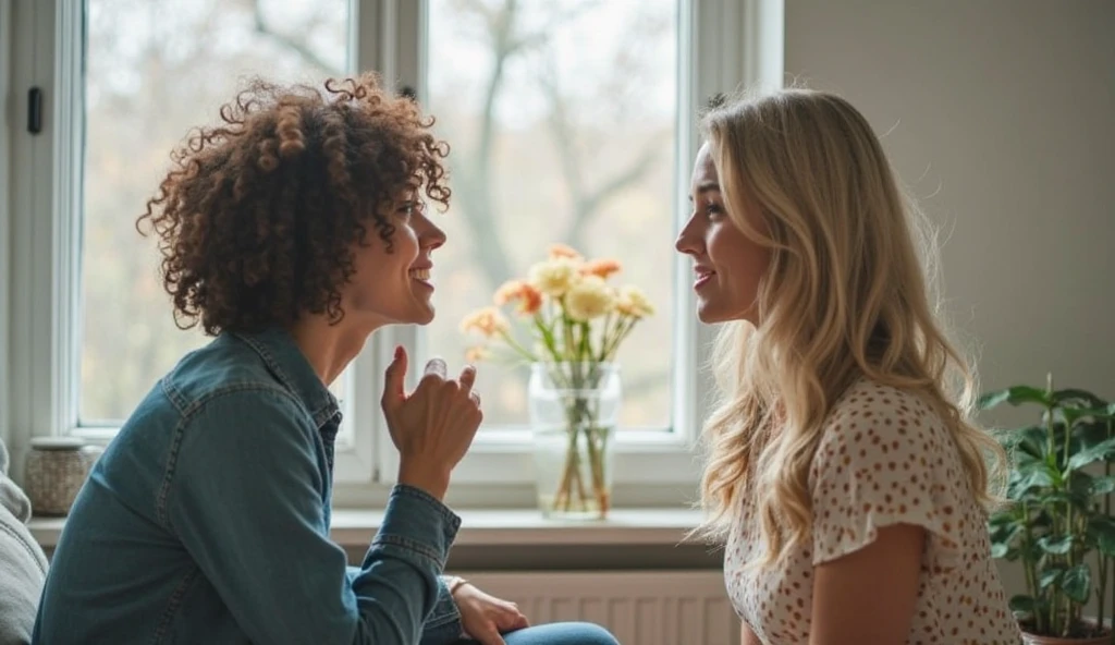there are two women sitting on a couch hugging each other, mulher segurando outra mulher, lesbian embrace, portrait of women embracing, lesbians, hugging each other, arm around her neck, duas lindas mulheres apaixonadas, sorrindo um para o outro, Soft natural lighting, arte mista, lesbian, jovem infp, mulheres jovens, Muito poderoso, bela luz suave natural
