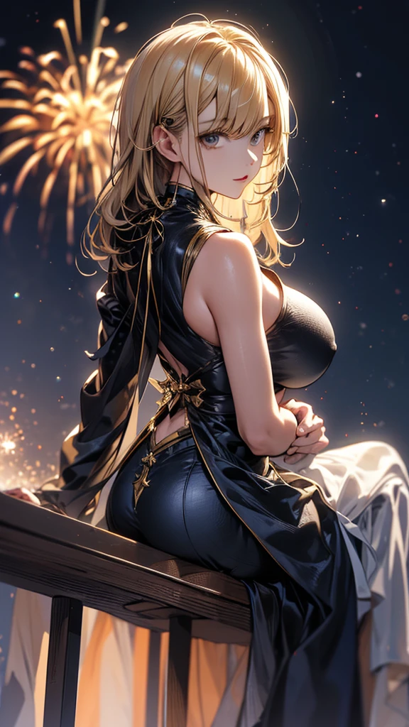 masterpiece, high quality, 4K, Beautiful design, silhouette,blonde, 非常に詳細な夜のStarry Sky,Cold ice world, wonderful, Finer details, Very knowledgeable woman, Highly detailed solo, 1 female,Big Breasts,Butt Emphasis,High-neck dress,No sleeve,Night view,Starry Sky,full moon,How to sit,firework,