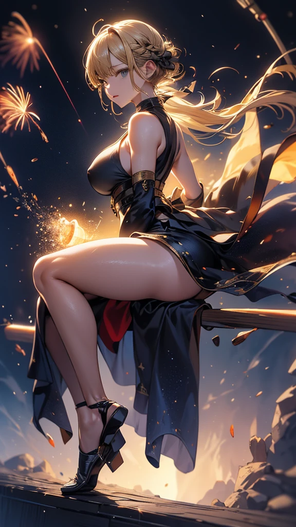 masterpiece, high quality, 4K, Beautiful design, silhouette，blonde， 非常に詳細な夜のStarry Sky,Flower Field， wonderful, Finer details,  Very knowledgeable woman, Highly detailed solo, 1 female,Big Breasts，Butt Emphasis，High-neck dress，Sleeveless，Night view，Starry Sky，full moon，How to sit，firework，