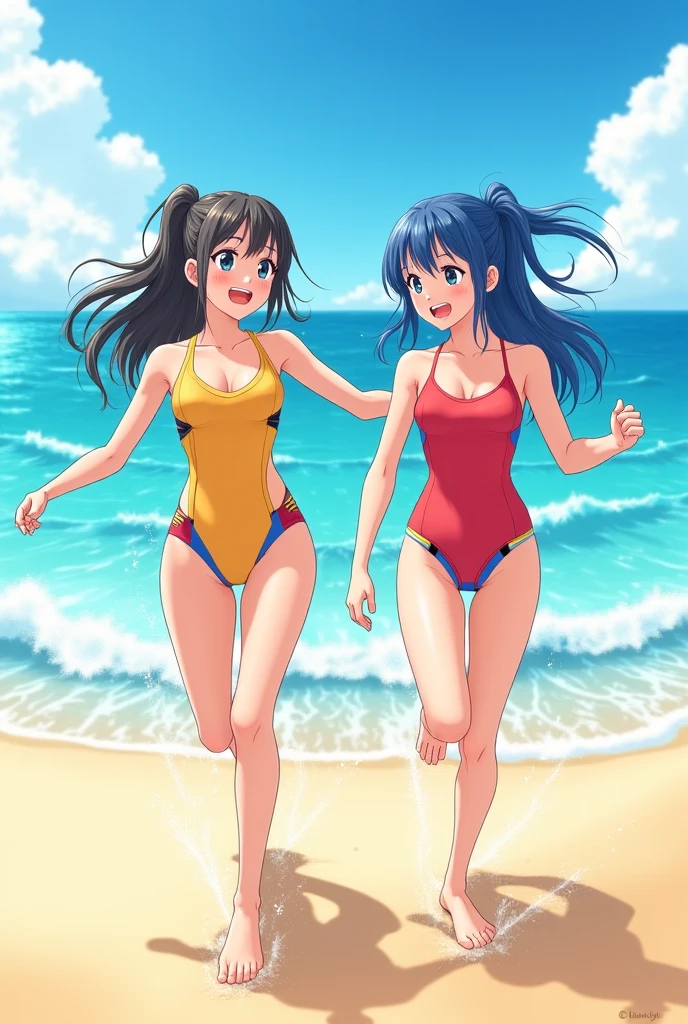 ((masterpiece、top-quality:1.5、a high chroma:1.5、ultra-detailliert、high-resolution illustrations:1.5、Ultra-high-definition CG、8k size wallpaper、offcial art))、(2girls,twin sisters),(cute face:1.5)、(clear face:1.3),
(Blue-only color scheme:1.5), (red-only color scheme:1.5),(sexy body),(One only wears red, one only wears blue.),(strapless leotard),(long hair), ((medium breasts))、
,(),()、(cowboy shot)、